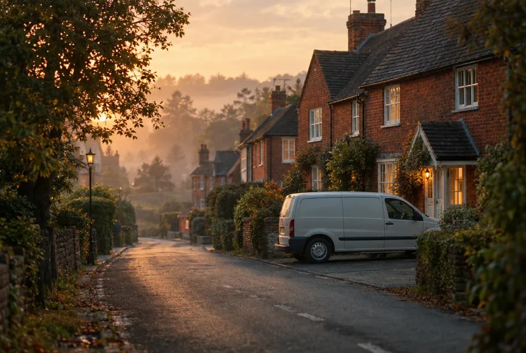 Service van parked on a leafy Surrey village street at golden hour
