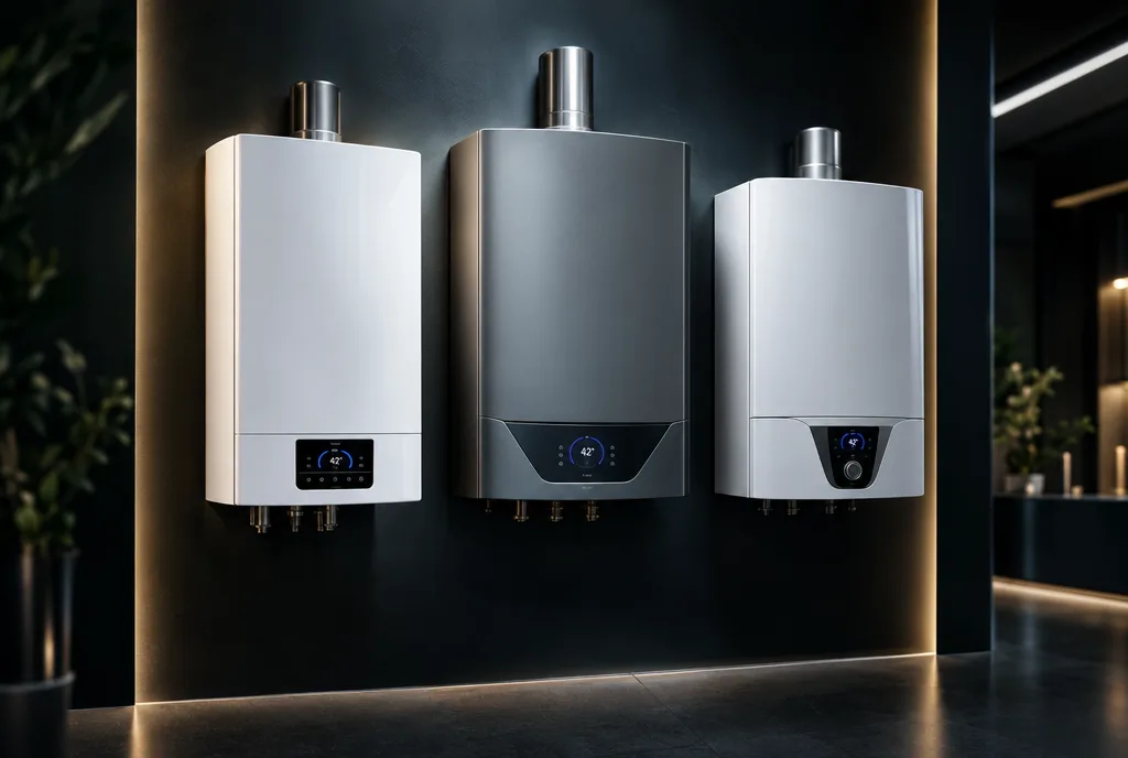 Three modern wall-mounted boilers side by side under dramatic lighting