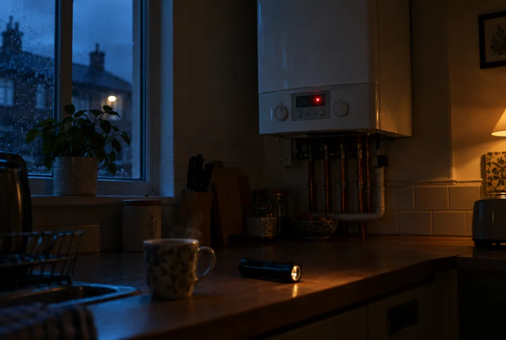 Boiler showing a fault light in a dark kitchen with a torch and a mug of tea