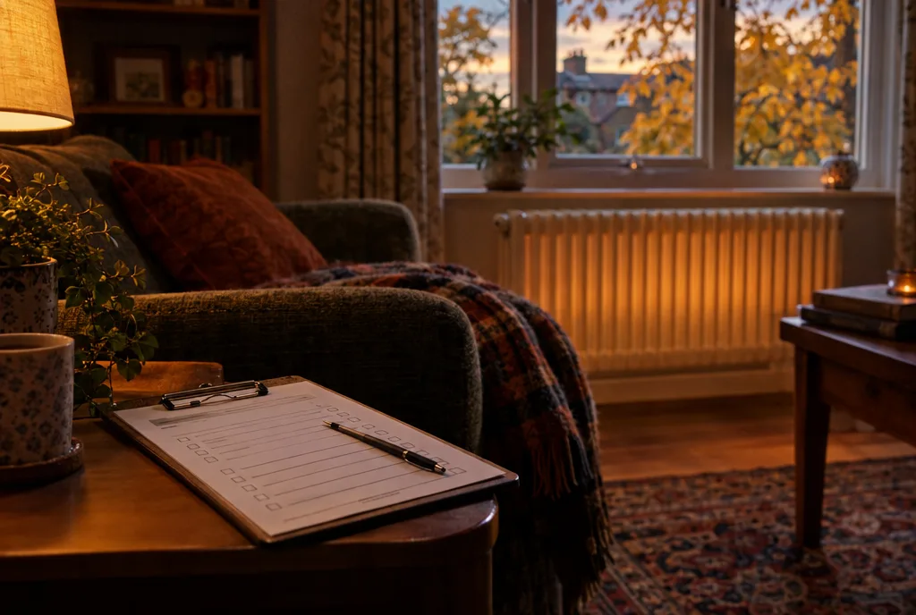 Radiator glowing in a cosy living room at autumn dusk with a service checklist on the table