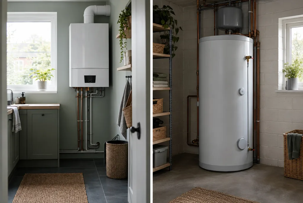 A compact combi boiler beside a larger hot water cylinder