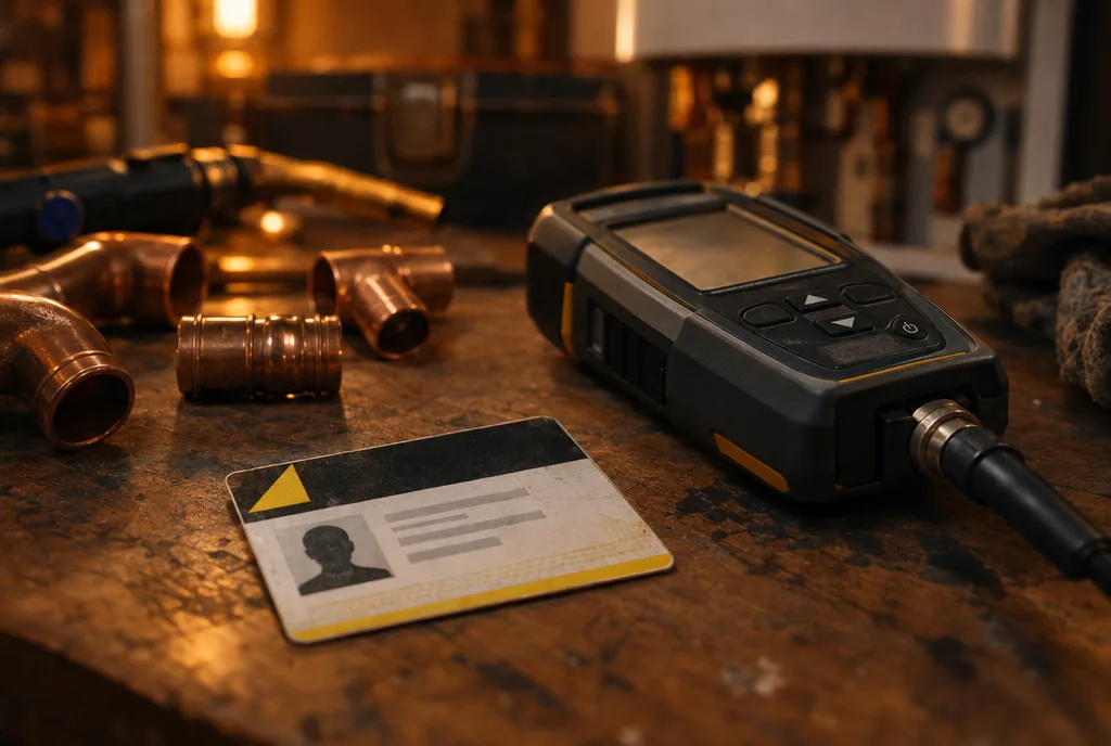 Gas engineer's ID card on a workbench with a flue analyser and copper fittings