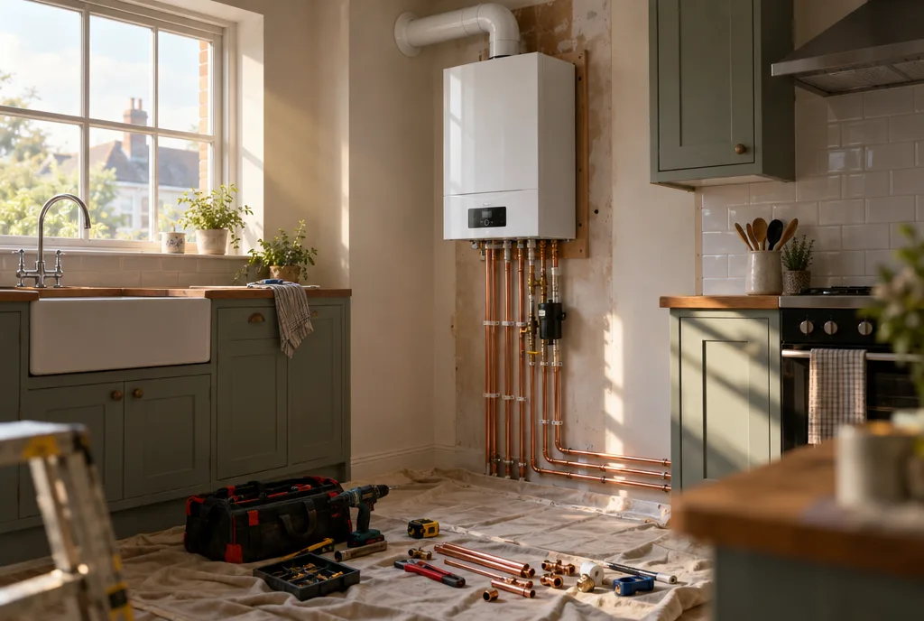 New boiler and copper pipework mid-installation in a British kitchen