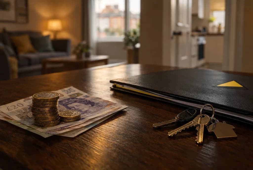 Pound coins and notes beside a certificate folder and house keys