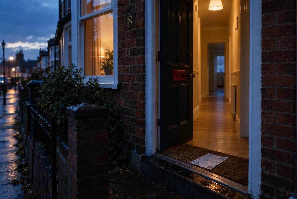 Expired certificate on the doormat of a terraced house at dusk
