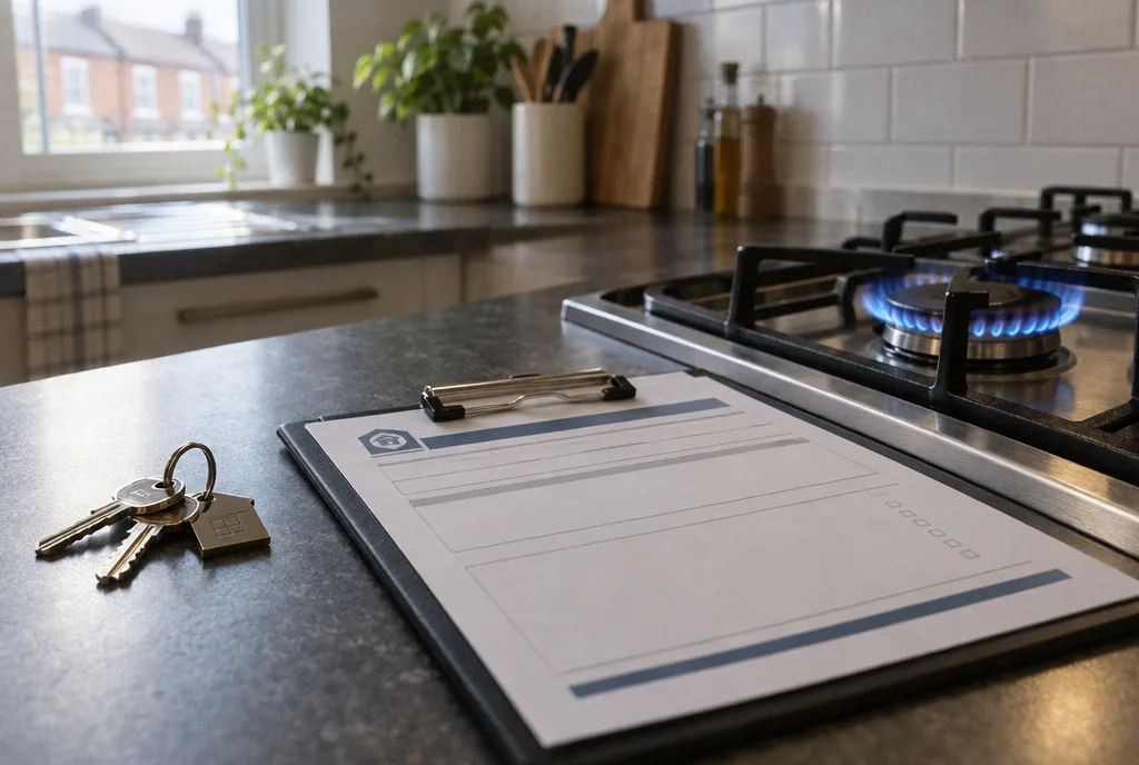Keys and a gas safety certificate form beside a lit gas hob in a rental kitchen