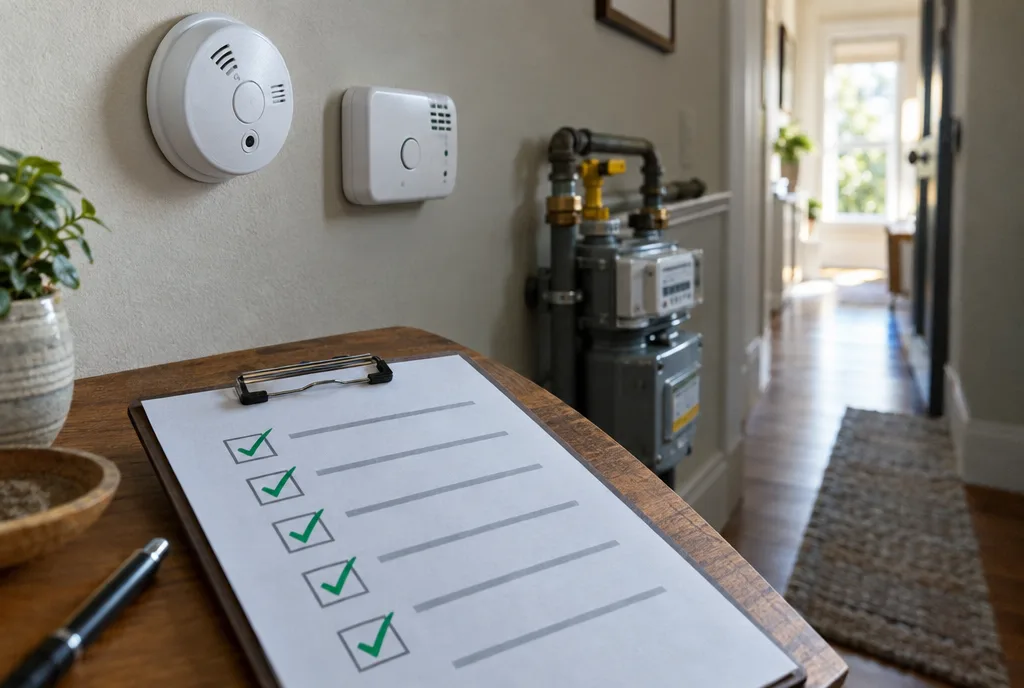 Landlord compliance checklist with ticks beside a smoke alarm, CO alarm and gas meter