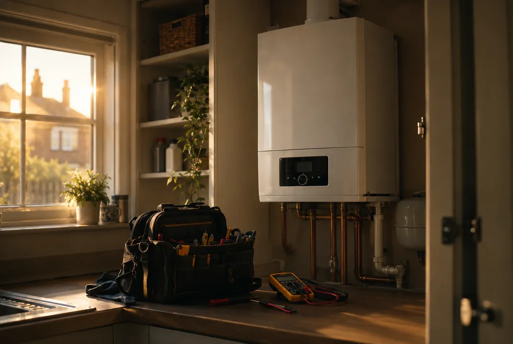 New wall-mounted boiler in a British utility cupboard with an engineer's tool bag below