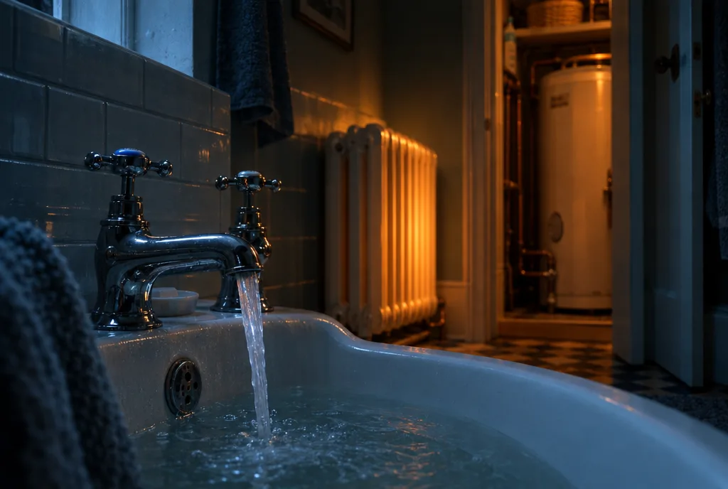 Bath tap running beside a warm radiator with an airing cupboard cylinder behind