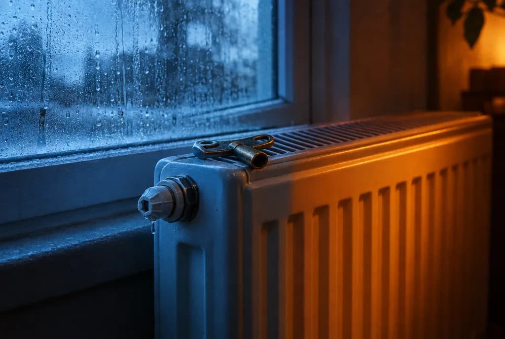 Radiator with a bleed valve, warm on one side and cold on the other