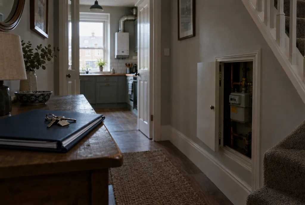 Tenancy folder and keys in a rental hallway with the gas meter cupboard open