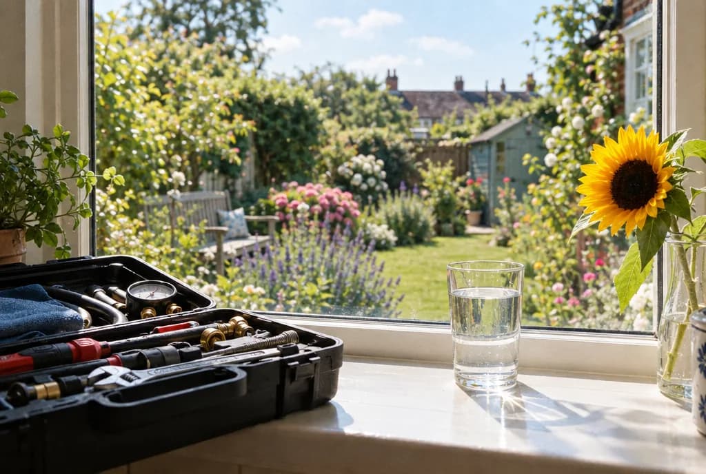 Boiler service tool kit on a sunny kitchen windowsill overlooking a summer garden