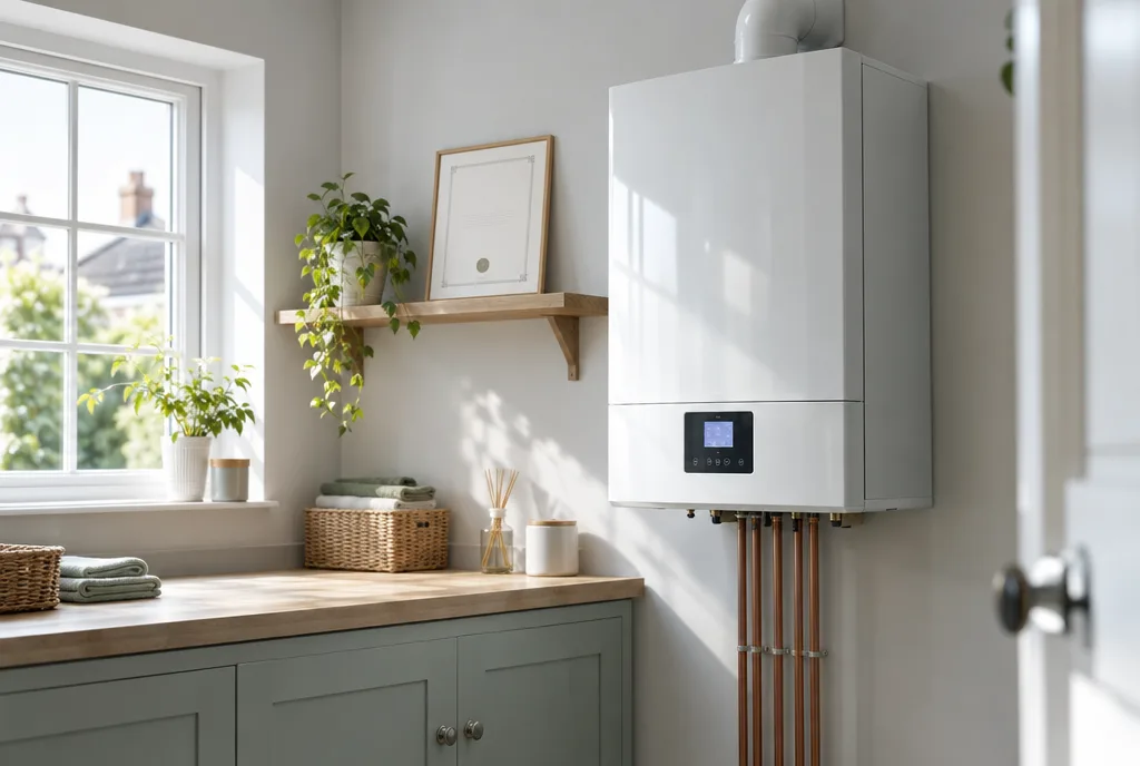 Modern boiler in a bright utility room with a guarantee certificate on the shelf