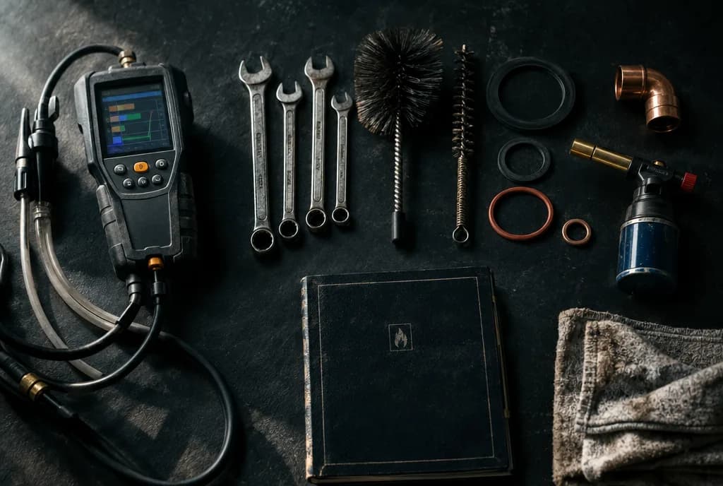 Boiler servicing tools laid out on slate: analyser, spanners, brushes, seals and service book