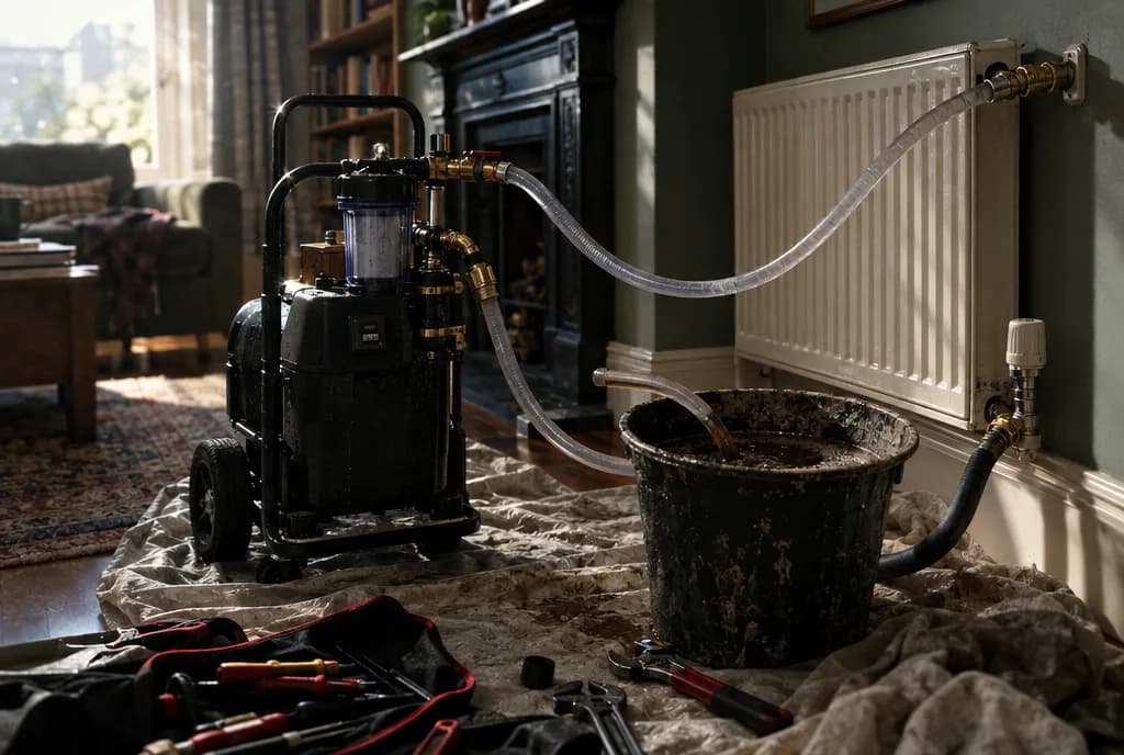 Power flush machine connected to a radiator with a bucket of dark sludge water