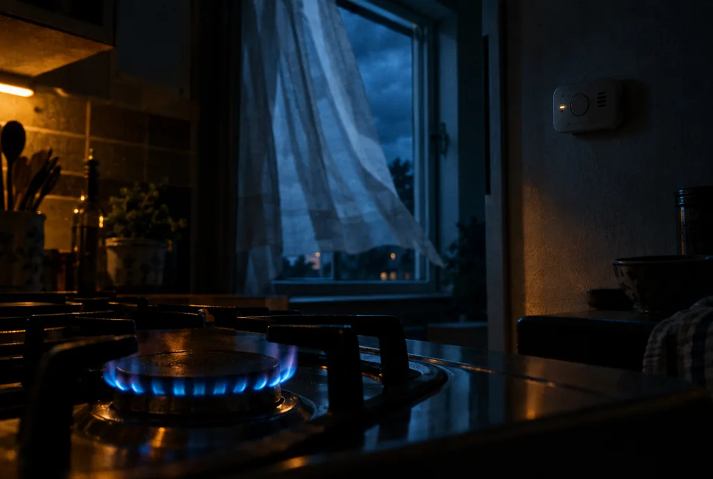 Gas hob flame in a dark kitchen with an open window and a carbon monoxide alarm